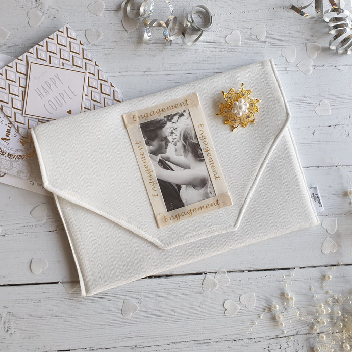Engagement Cream Card Keepsake Holder (Traditional flap, embellishment & portrait photo)
