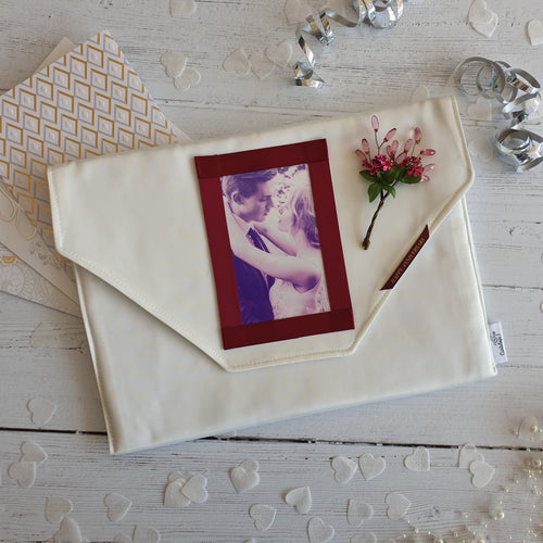 Ruby Anniversary, Cream Satin Card Keepsake Holder (Traditional flap, crystal flower spray & portrait photo)