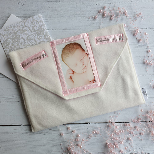 Christening Themed Card Keepsake Holder for a Girl (Traditional flap & portrait photo)