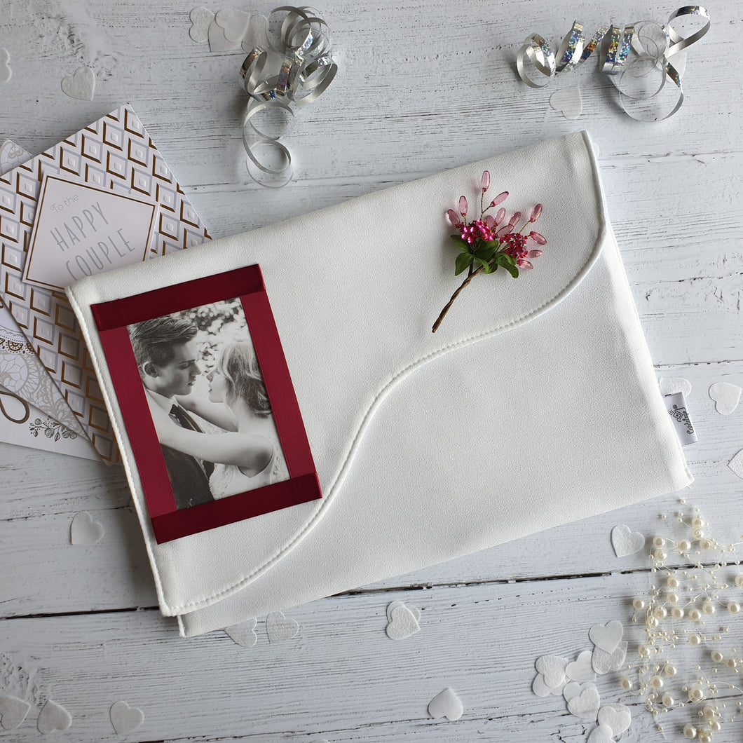 Crystal Flower Spray, Cream Card Keepsake Holder (Wave flap & portrait photo)