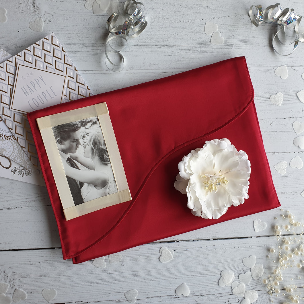 Ruby Satin Card Keepsake Holder, (Wave flap, flower & portrait photo)