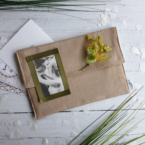 Hessian Card Keepsake Holder (Portrait photo flap & flower)