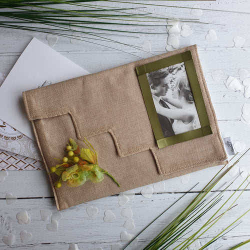 Hessian Card Keepsake Holder (Step flap, flower & portrait photo)