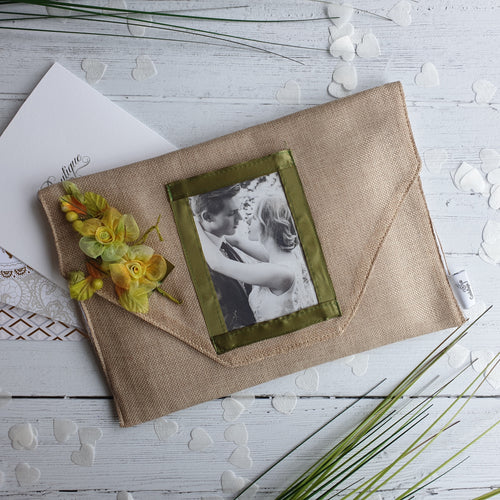 Hessian Card Keepsake Holder (Traditional  flap, flower & portrait photo)