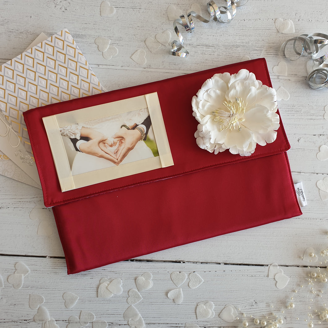 Ruby Satin Card Keepsake Holder (Landscape photo flap & flower)