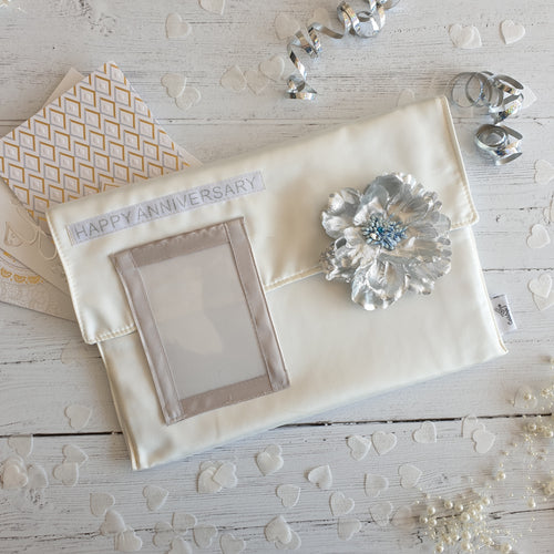 Silver Anniversary, Cream Satin Card Keepsake Holder (Portrait photo flap  & flower)