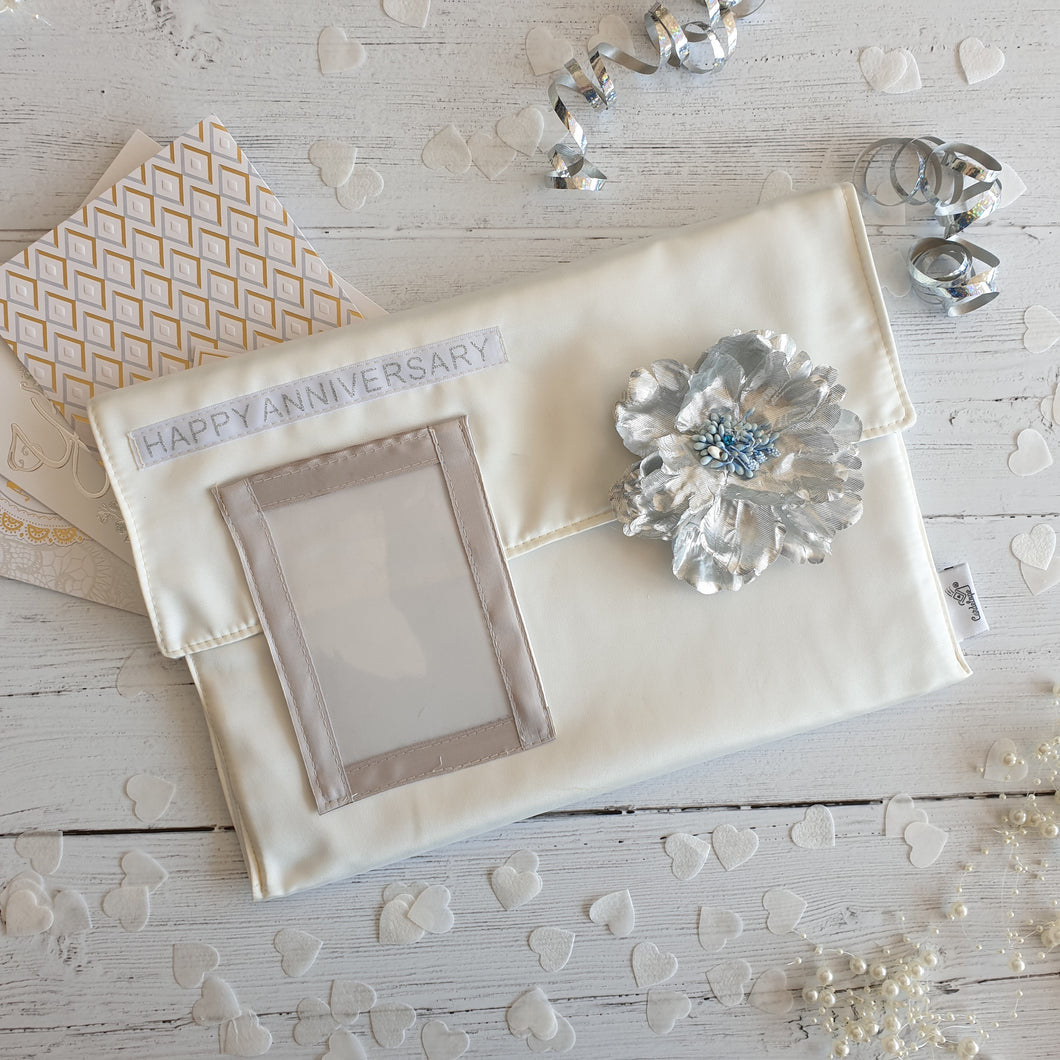 Silver Anniversary, Cream Satin Card Keepsake Holder (Portrait photo flap  & flower)