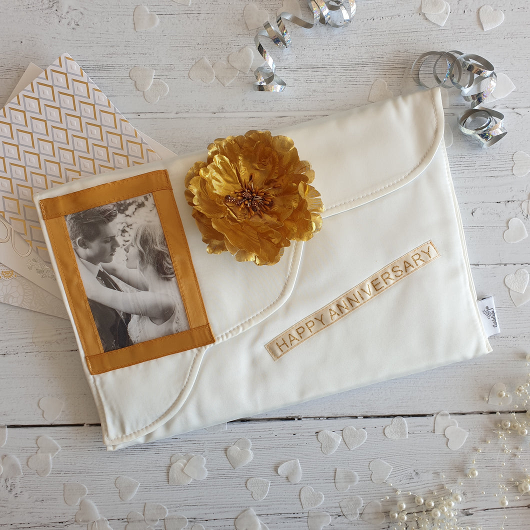 Golden Anniversary, Cream Satin Card Keepsake Holder (Wave flap & portrait photo)