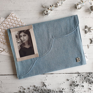 Light Blue Denim Card Keepsake Holder (Wave flap, diamante number & portrait photo)