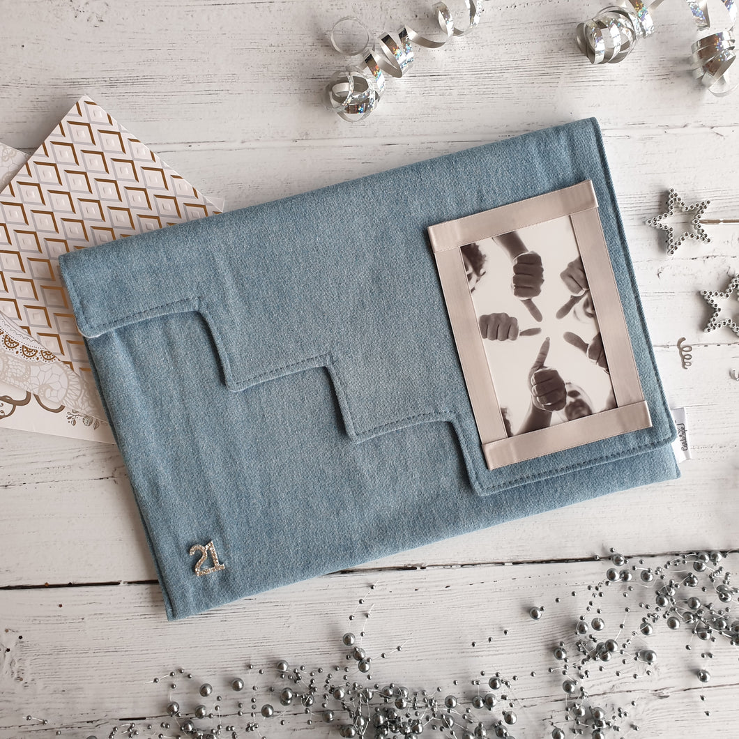 Light Blue Denim Card Keepsake Holder (Step flap, diamante number & portrait photo)