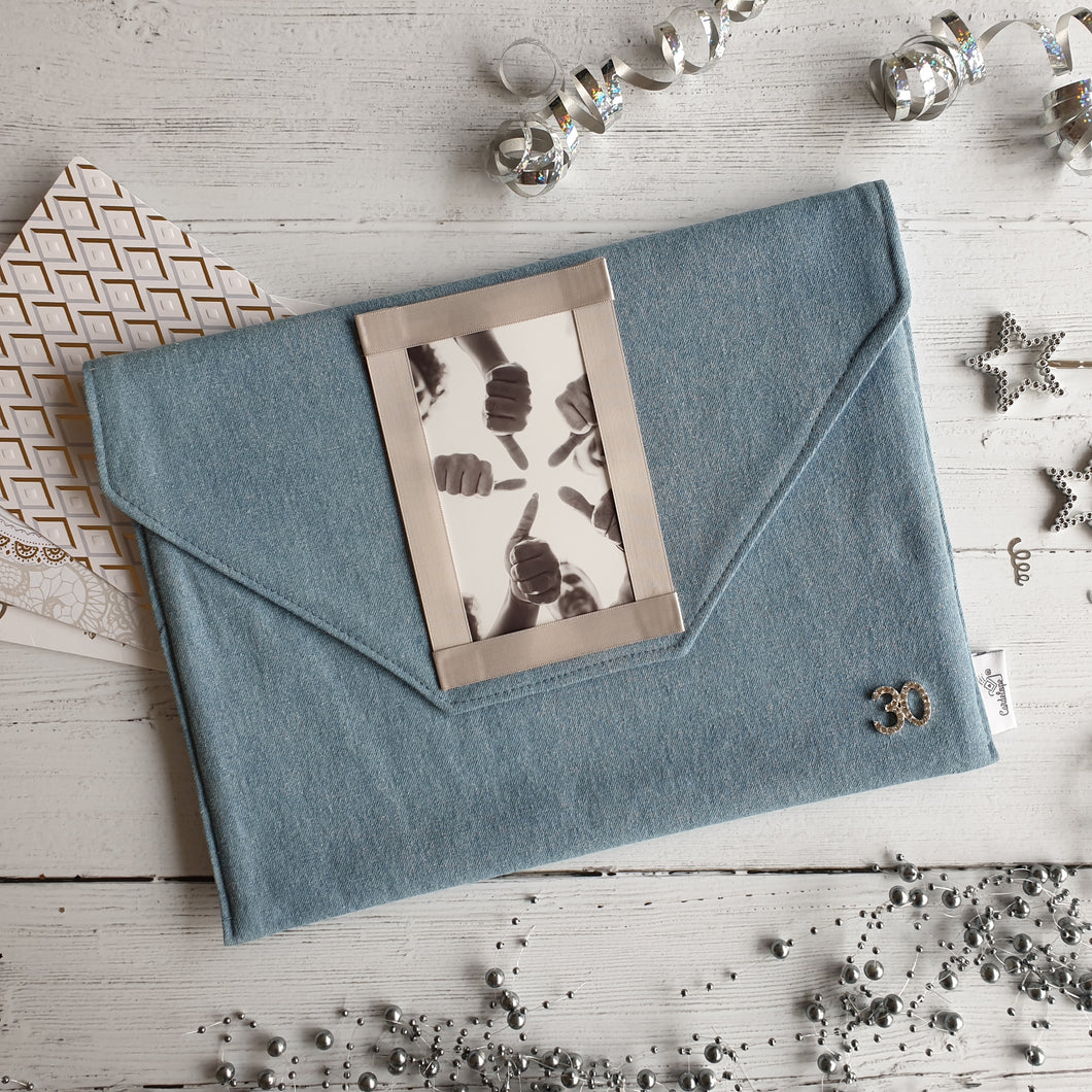 Light Blue Denim Card Keepsake Holder (Traditional flap, diamante number & portrait photo)
