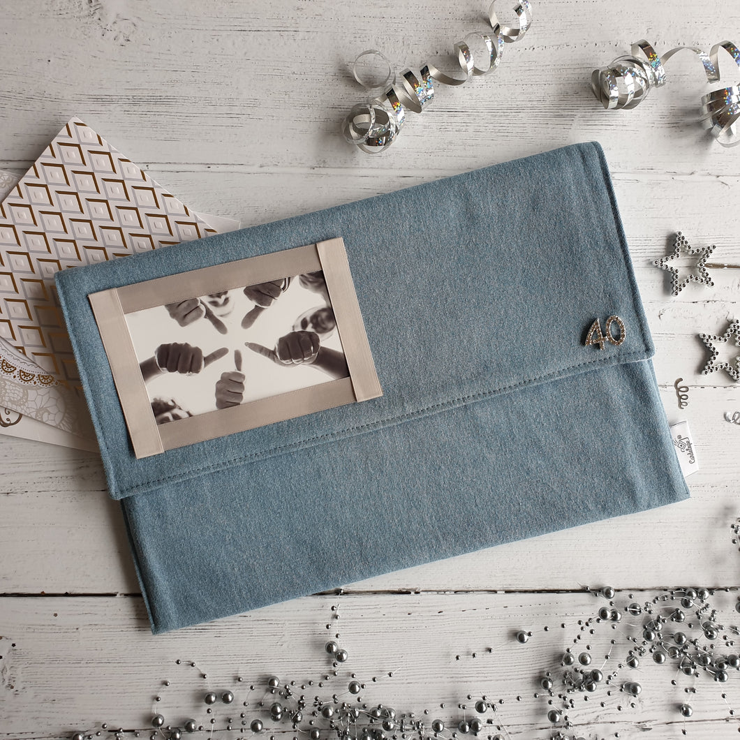 Light Blue Denim Card Keepsake Holder (Landscape photo flap & diamante number)