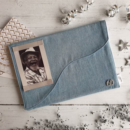 Light Blue Denim Card Keepsake Holder (Wave flap, diamante number & portrait photo)