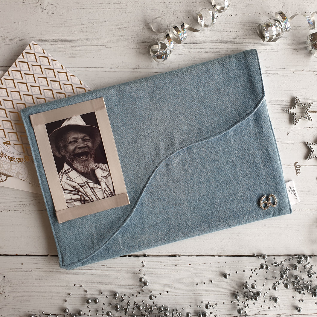 Light Blue Denim Card Keepsake Holder (Wave flap, diamante number & portrait photo)