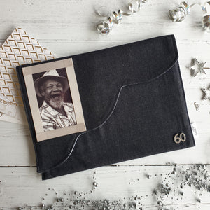 Dark Blue Denim Card Keepsake Holder (Wave flap, diamante number & portrait photo)