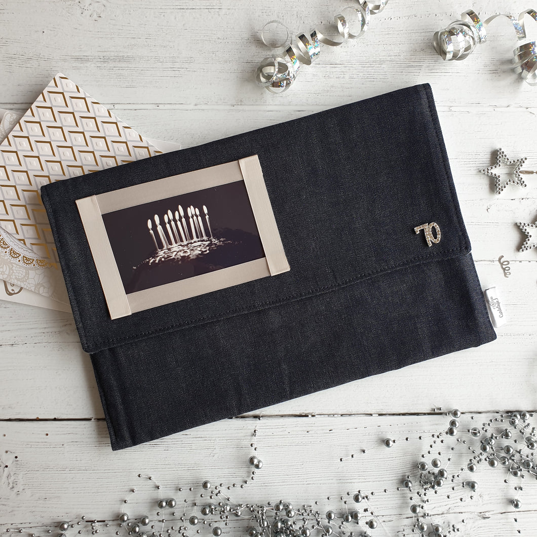 Dark Blue Denim Card Keepsake Holder (Landscape photo flap & diamante number)