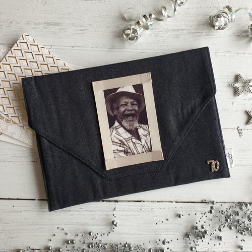 Dark Blue Denim Card Keepsake Holder (Traditional flap, diamante number & portrait photo)