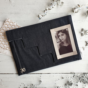 Dark Blue Denim Card Keepsake Holder (Step flap, diamante number & portrait photo)