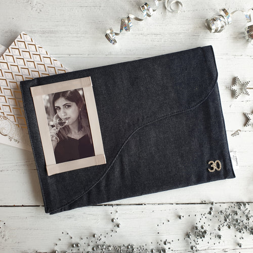 Dark Blue Denim Card Keepsake Holder (Wave flap, diamante number & portrait photo)
