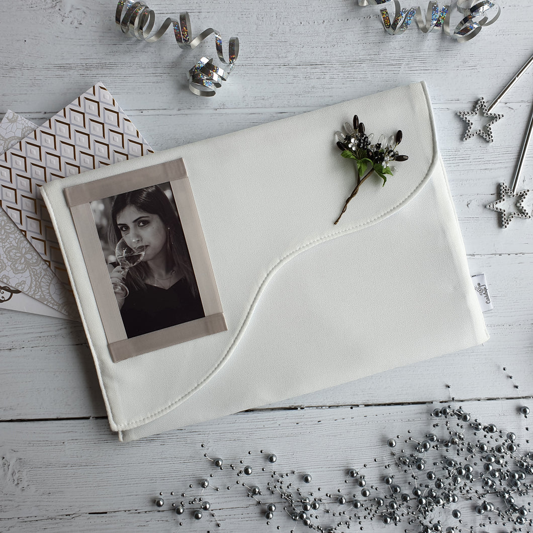Cream Card  Keepsake Holder (Wave flap, crystal flower spray & portrait photo)