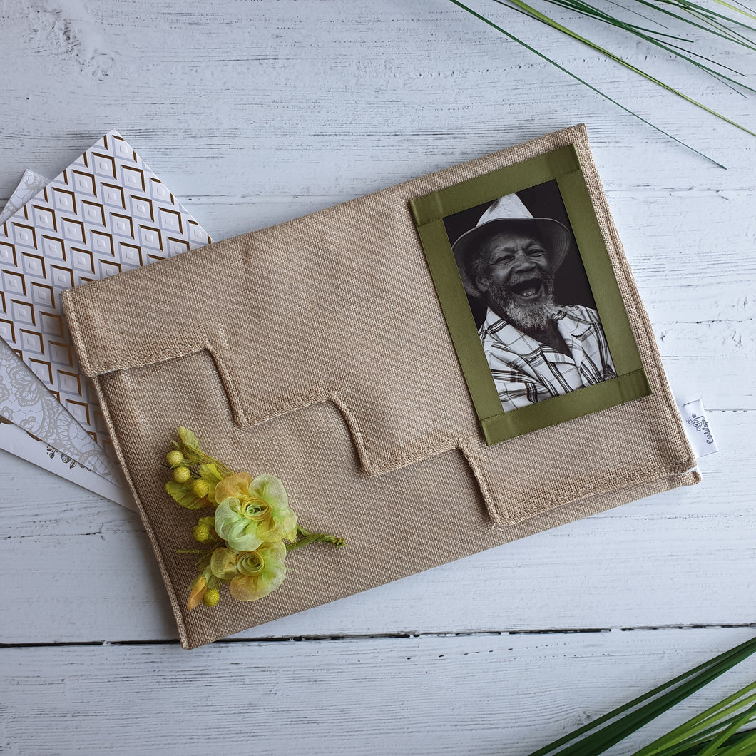 Hessian Card Keepsake Holder (Step flap, flower & portrait photo)