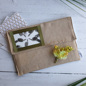 Hessian Card Keepsake Holder (Landscape photo flap & flower)