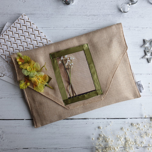 Hessian Card Keepsake Holder (Traditional flap, flower & portrait photo)