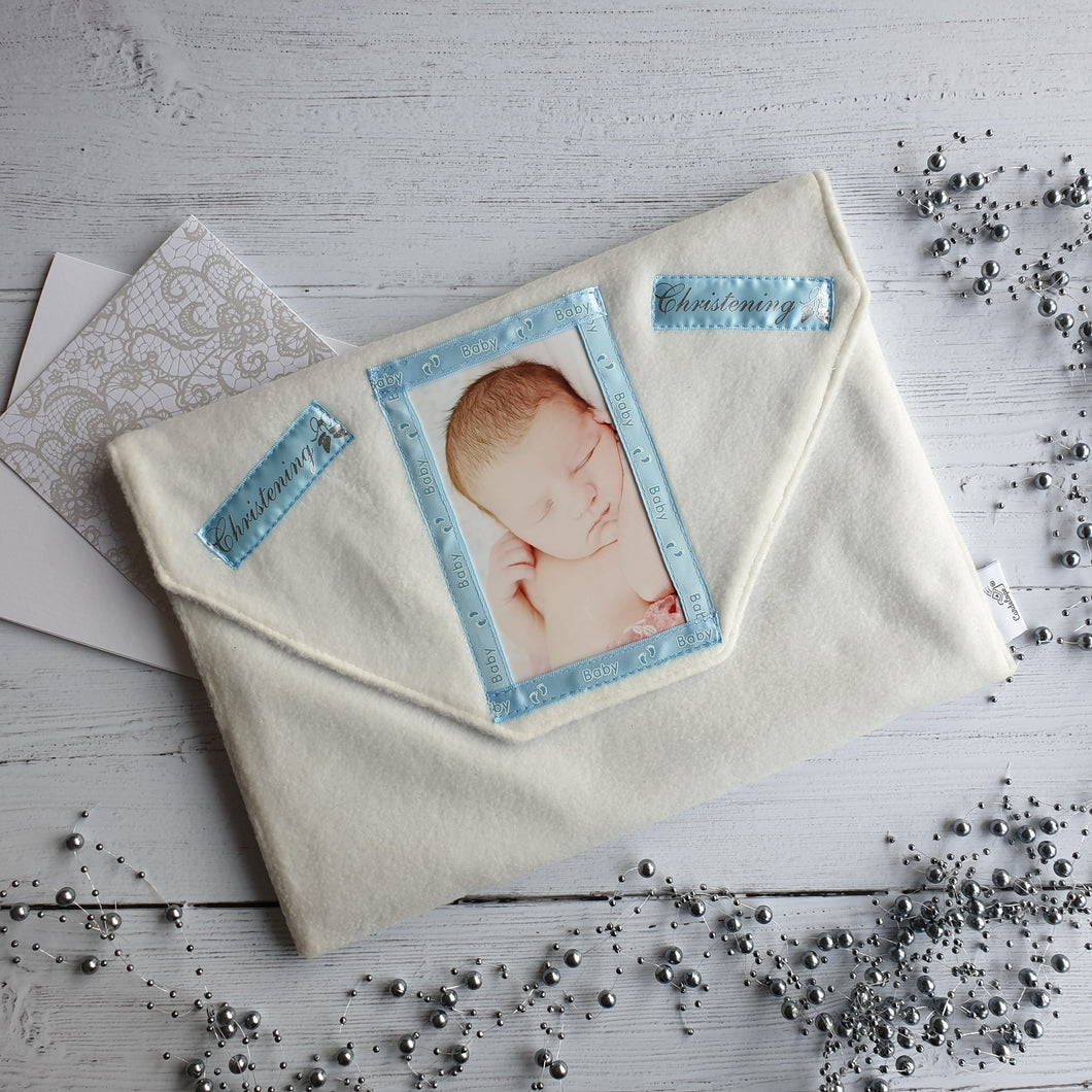 Christening Themed Card Keepsake Holder for a Boy (Traditional flap & portrait photo)